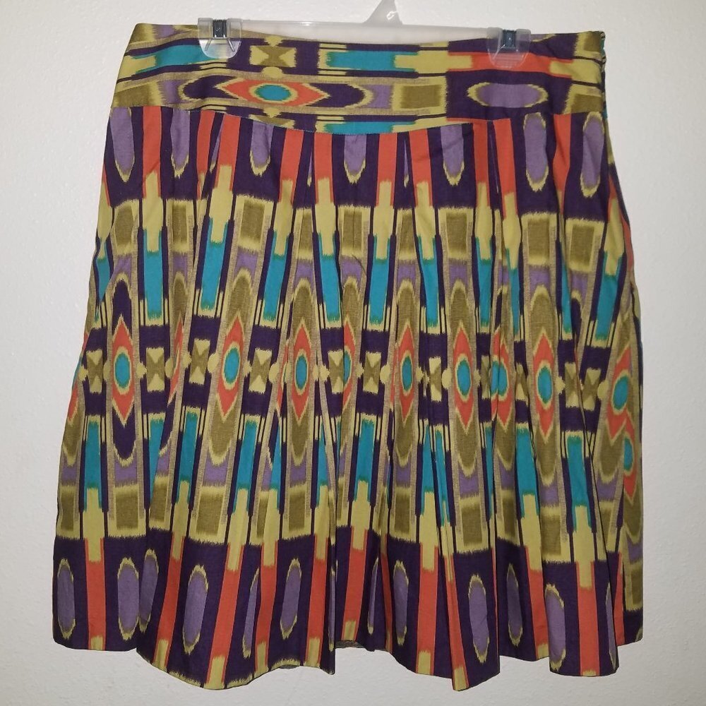 Work To Weekend Pleated Skirt Size 14 Knee Length Lined Purple Aqua Salmon Print